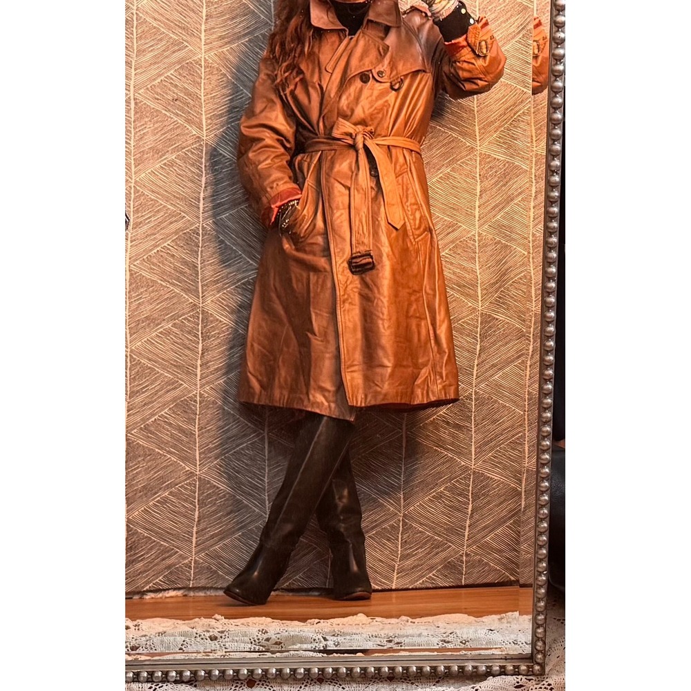 Vintage Genuine Leather Belted‎ Trench Coat Brown Size 42